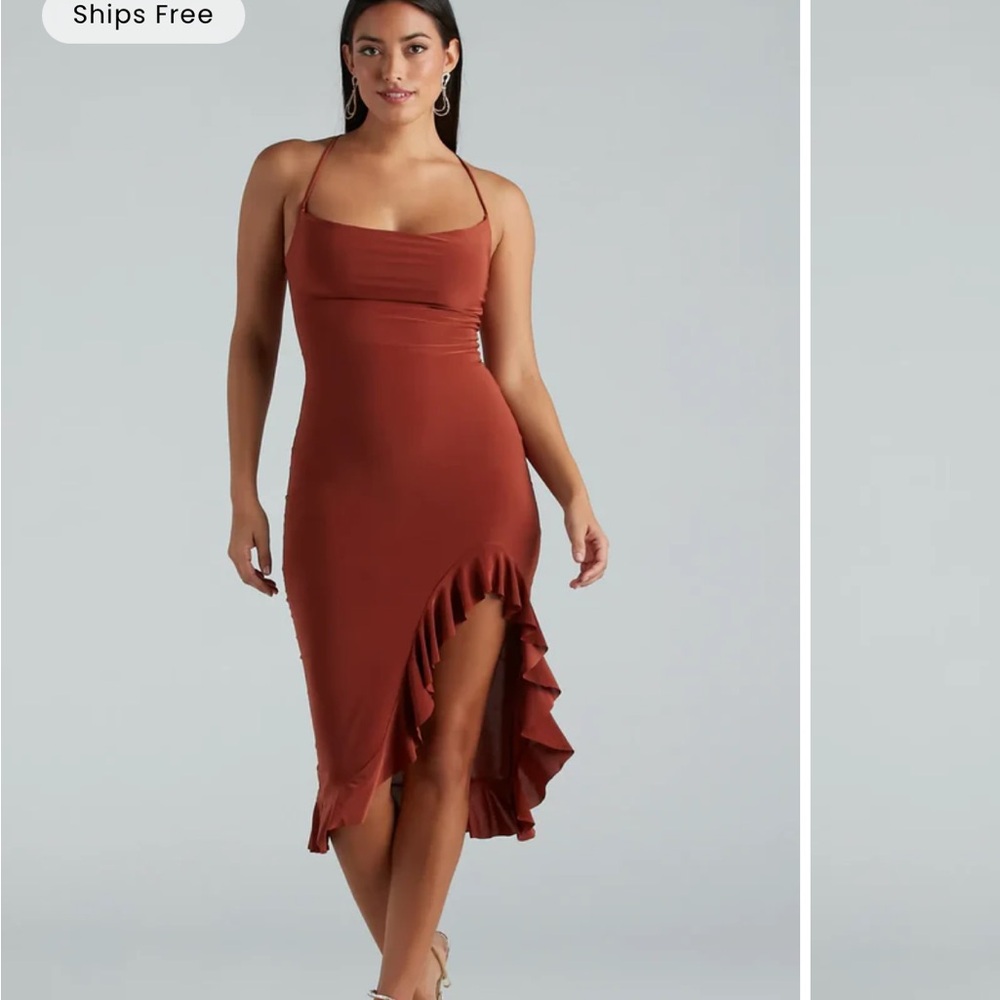 Windsor Terracotta Ruffle Midi Dress